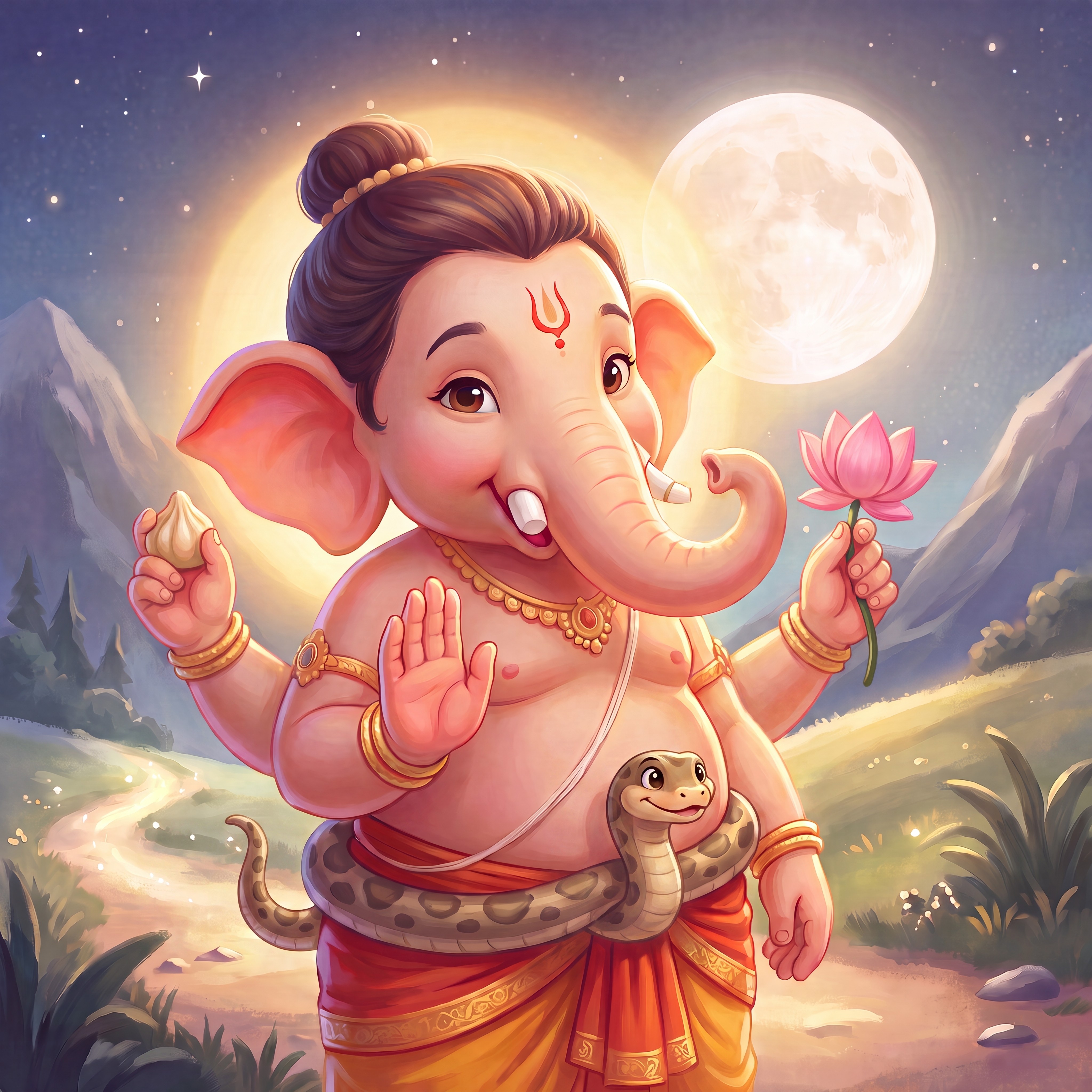 Ganesha as a young child, holding a modak and a lotus with a hand raised in blessing, beneath a full moon