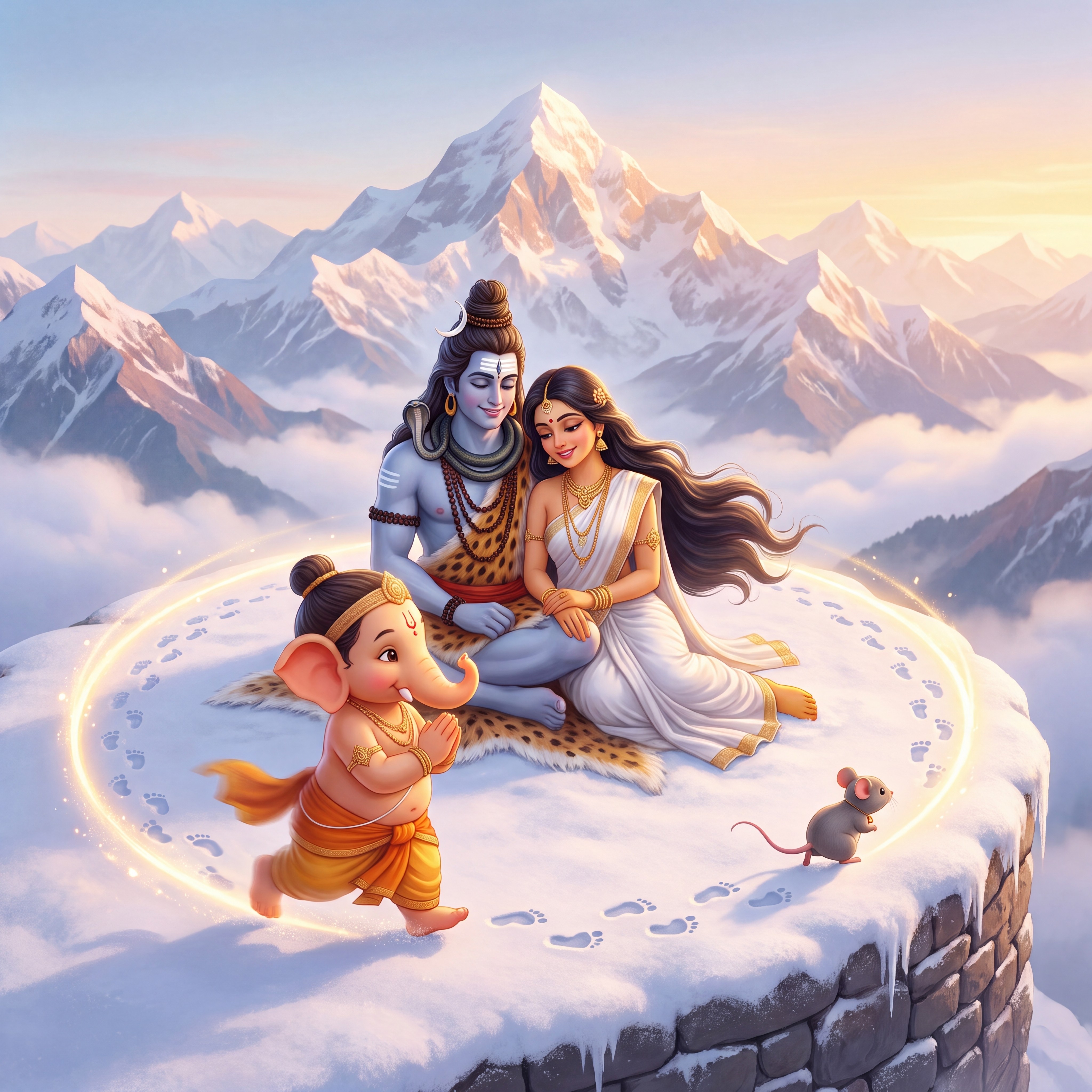 Ganesha walking slowly around Shiva and Parvati on a snowy peak, his mouse watching, a ring of glowing footprints in the snow
