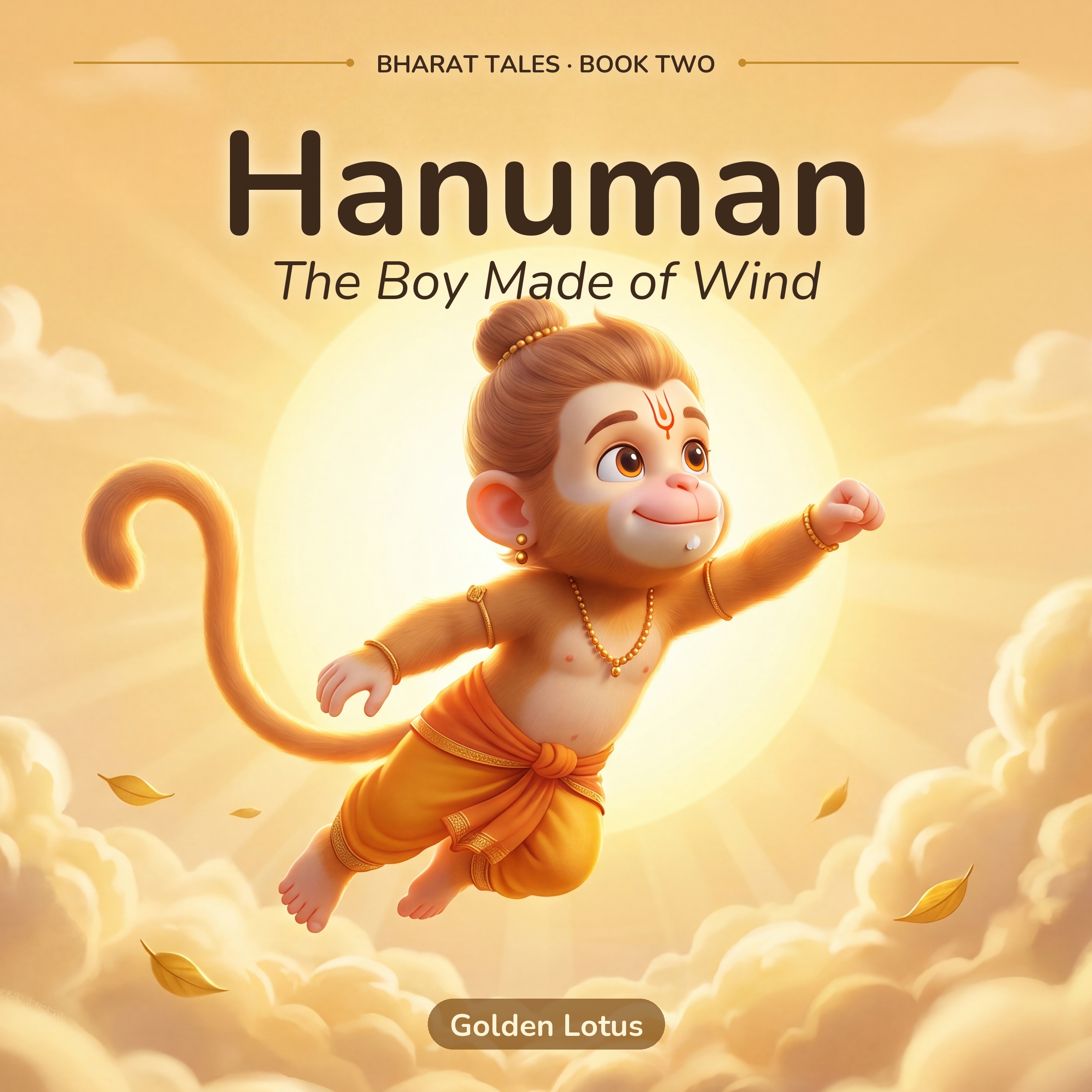 Hanuman as a young child, flying through the clouds toward the sun, one fist raised