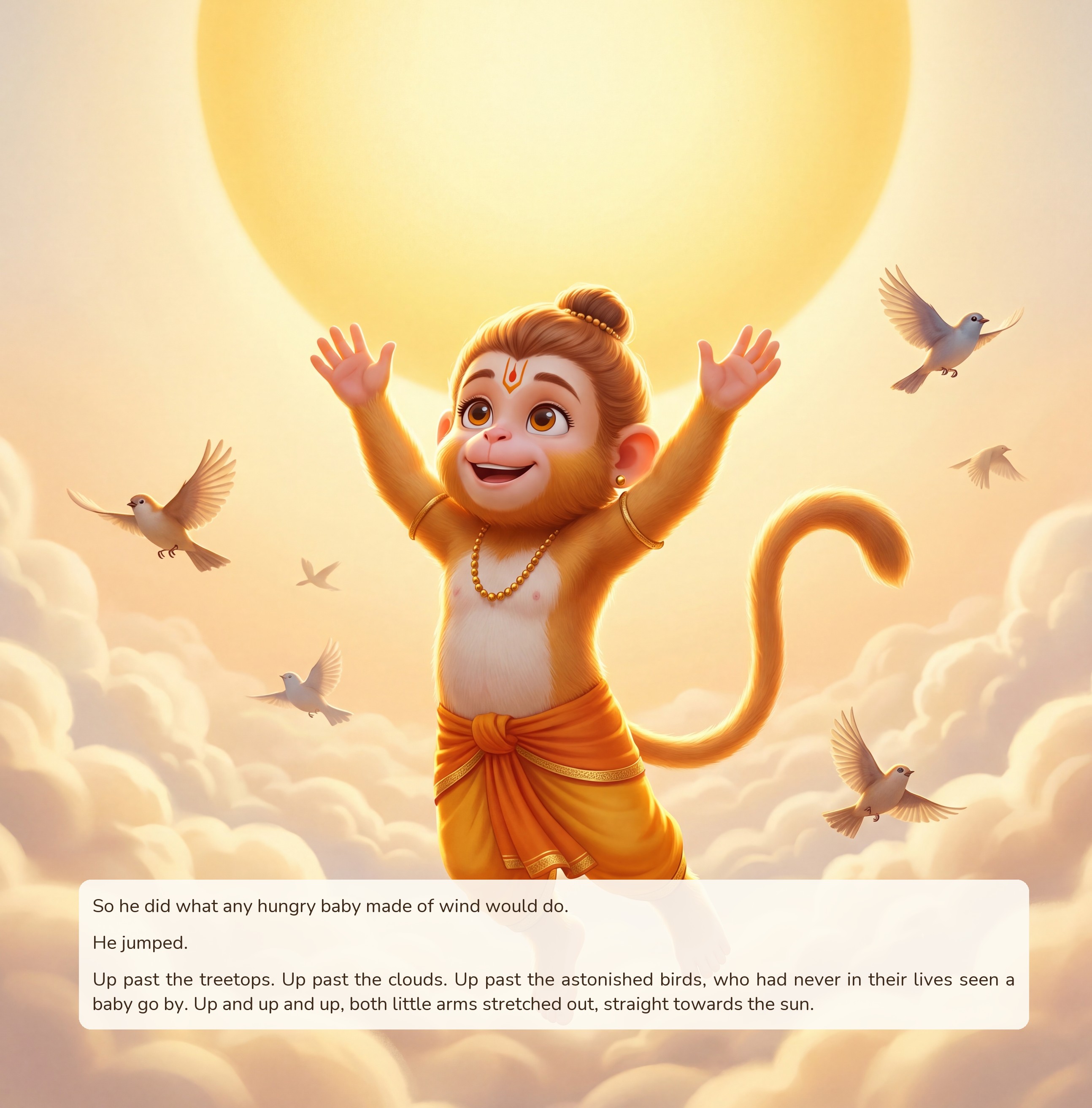 A baby Hanuman leaping through the clouds, arms outstretched toward the sun, birds scattering around him