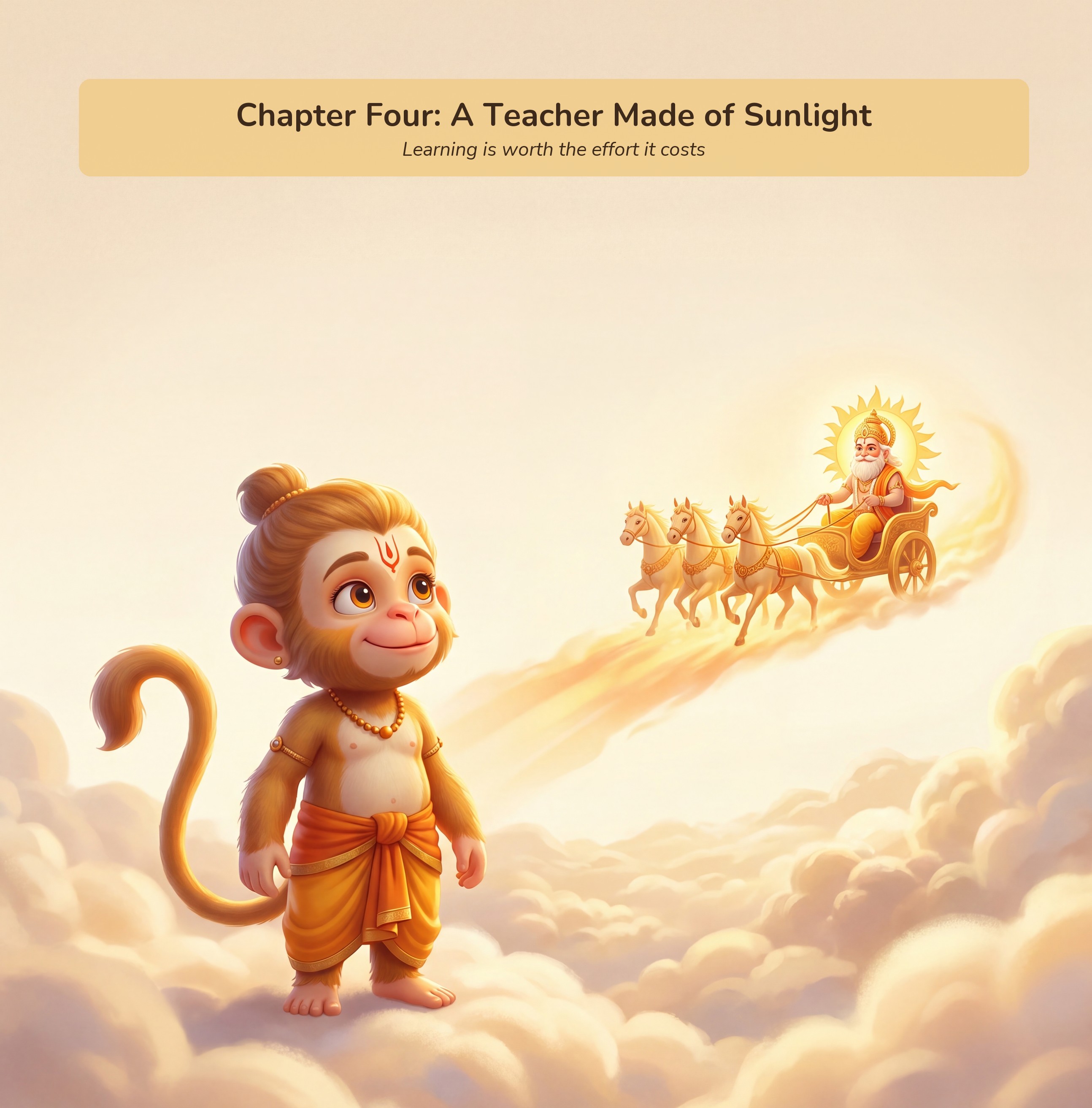 Hanuman as a young child looking up at Surya, the sun god, riding past in a golden chariot drawn by horses
